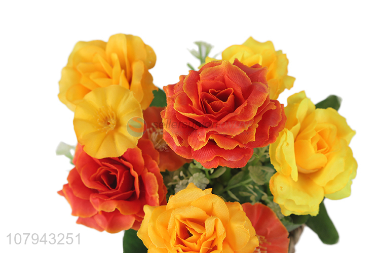 Good selling simulation flower artificial rose pot with woven basket