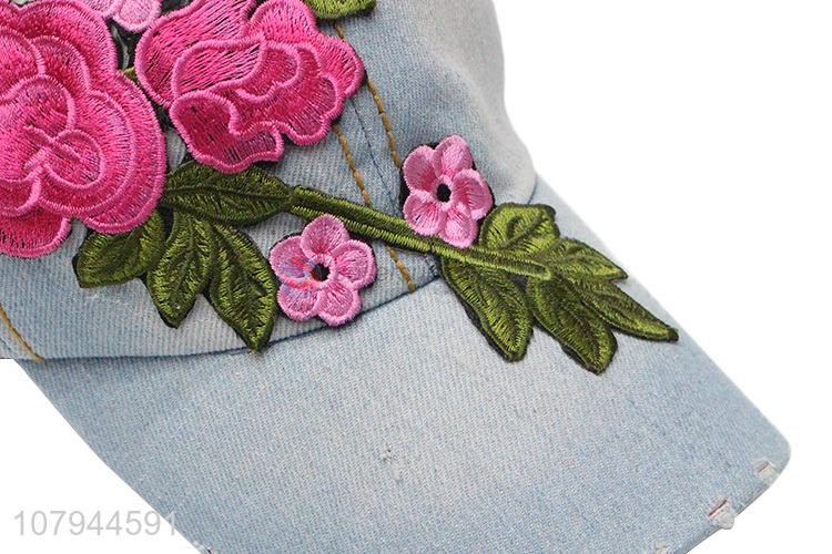 Fashion style flower embroidery denim summer sun hat peaked cup for sale