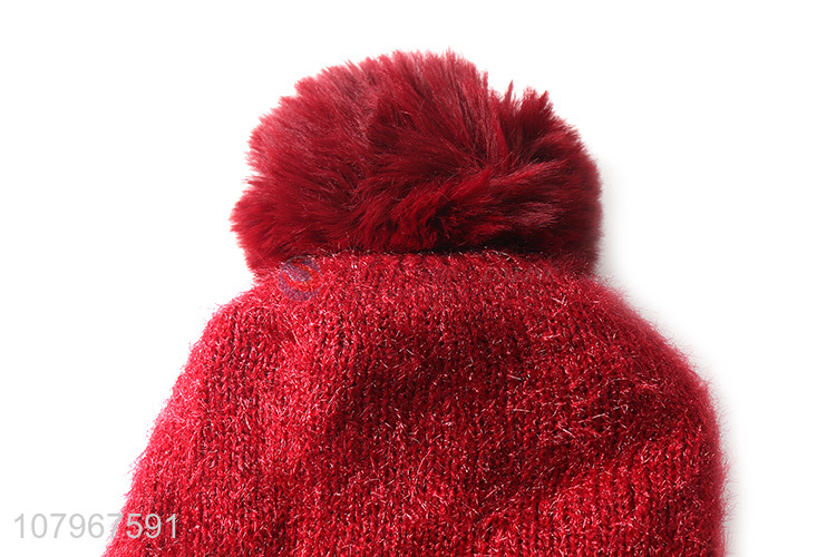 Wholesale solid color women winter caps ladies fuzzy knitted beanie hats