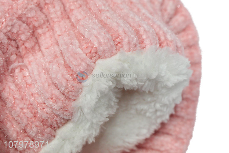 Yiwu market women fleece lined beanies ladies winter soft pompoms skull cap