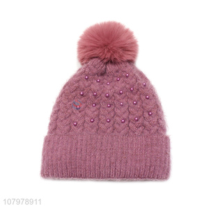 China imports women winter thickened pom pom beanie skull cap with pearls