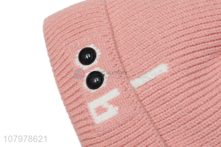 Yiwu market kids winter fleece lined knitted beanie cap with pom poms