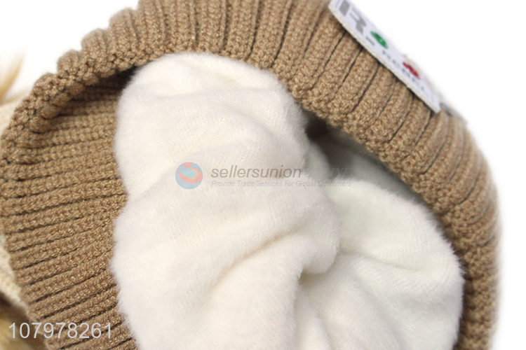 Online wholesale children winter warm pom pom beanie hat with fleece lining