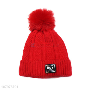 Good quality kids winter fleece lined beanie knit hat with double pom poms