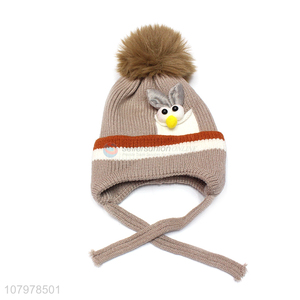 Recent design children winter fleece lined pom pom knitted earmuffs hat