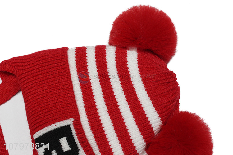 High quality children pom pom winter knitted earmuff hat with fleece lining
