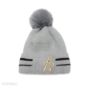 New arrival women winter embroidery fleece lined knitted beanie with pom pom