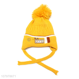 Hot selling kids winter warm fleece lined earmuffs hat pom pom knitted hat