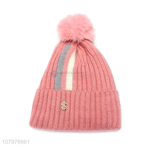 Factory supply women winter fleece lined knitted beanie cap with pom pom