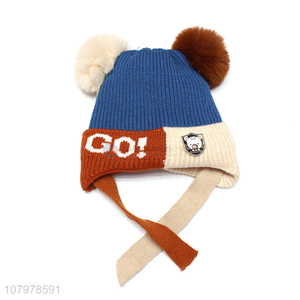 Online wholesale children winter pom pom fleece lined knitted earmuff hat