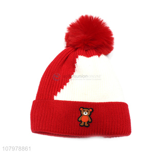 Recent design women winter knitted beanie fleece lined hat with pom pom
