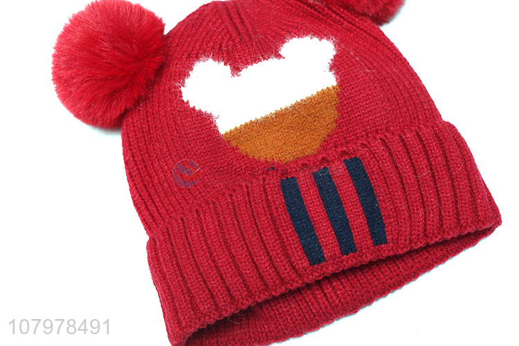 Wholesale kids fleece lined beanies winter jacquard hat with double pompoms
