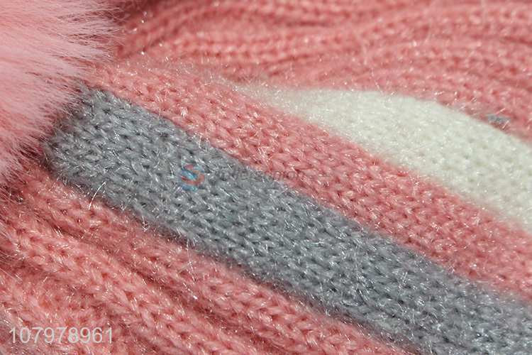 Factory supply women winter fleece lined knitted beanie cap with pom pom