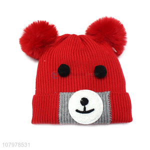 Top product children winter cartoon bear hat fleece lined hat with pom pom