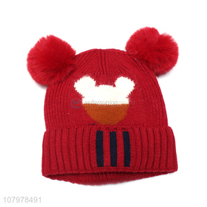 Wholesale kids fleece lined beanies winter jacquard hat with double pompoms