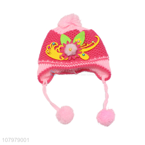 Wholesale popular children winter warm pom pom beanie hat with fleece lining