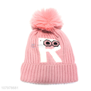 Wholesale children winter pom pom hat knitted beanie with fleece lining