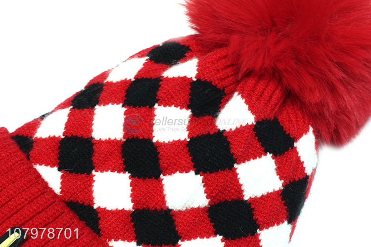 New hot sale kids winter fleece lined knitted beanie with faux fur pom pom