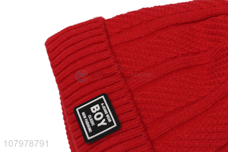 Good quality kids winter fleece lined beanie knit hat with double pom poms
