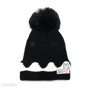 Hot sale kids pom pom hat winter knitted beanie cap with fleece lining