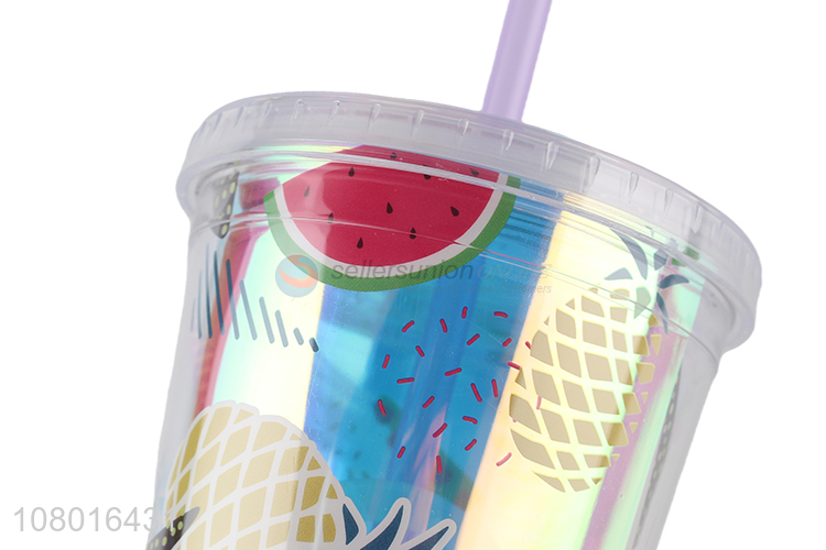 Wholesale fresh double-walled plastic water cup with lid and straw