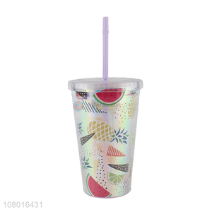 Wholesale fresh double-walled plastic water cup with lid and straw