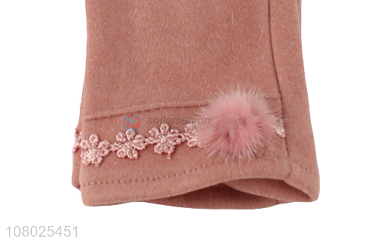 Good selling pink women polyester gloves with flower decoration