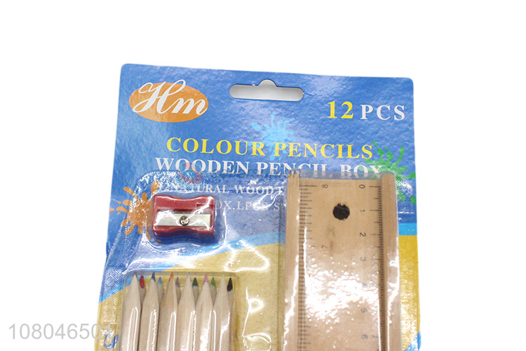 New product student stationery set wooden colored pencil set with ruler