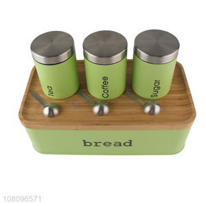 Good quality bamboo lid metal bread box set with sealed jars spoons