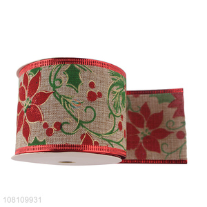 Hot selling printed polyester <em>ribbon</em> Christmas wired <em>ribbon</em>