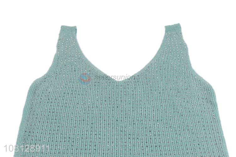 Hot selling v-neck women tank top hot drilling knitted vests
