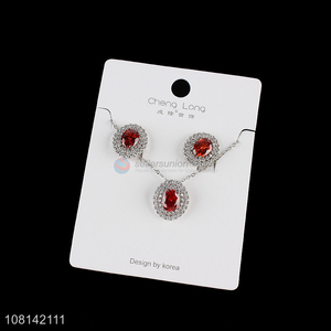 Fashion design rhinestone ruby pendant necklace and earring set