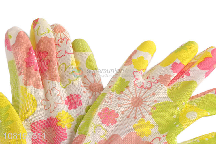 Hot selling flower printed pu coated garden work gloves