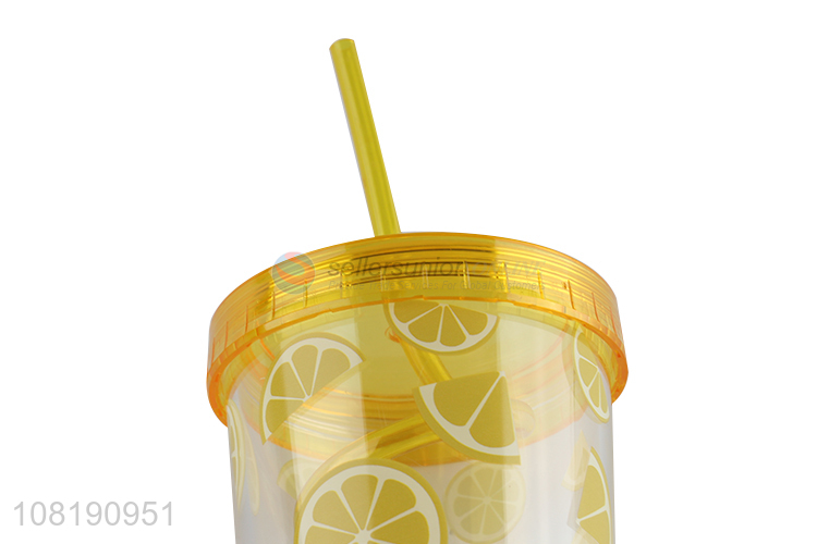 Hot selling reusable double wall plastic water cup travel mug with straw and lid