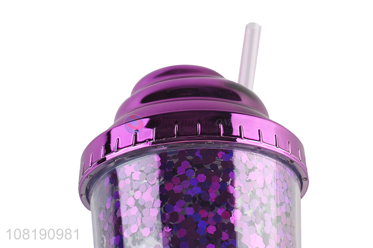 Hot product double walled water mug plastic drinking cup with straw and lid