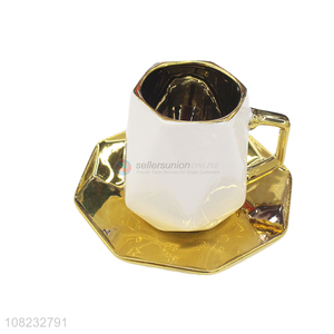 Yiwu market creative octagonal gold brim ceramic cup and saucer set