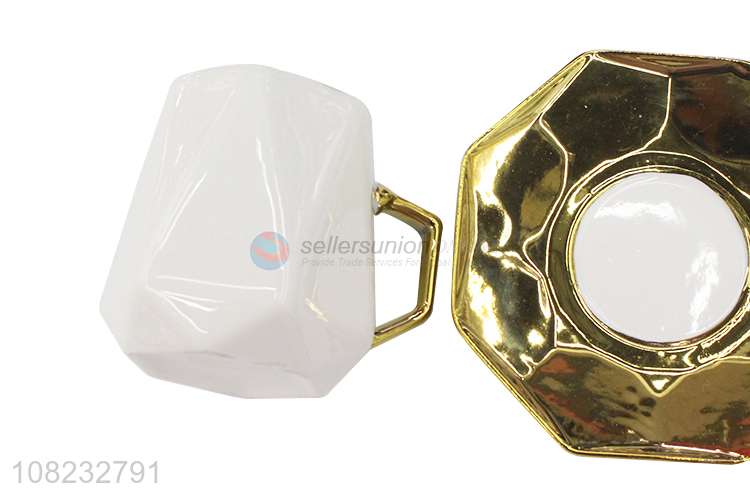 Yiwu market creative octagonal gold brim ceramic cup and saucer set