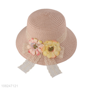 Hot selling pink flower sunhat girls cute straw hat