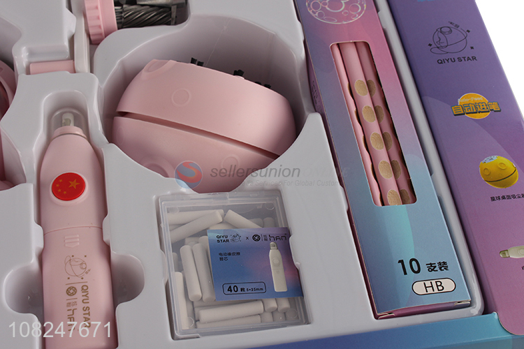 Wholesale cute automatic stationery set with sharpener, eraser and vacuum sweeper