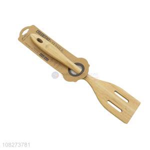Good quality long handle bamboo flat frying spatula slotted spatula