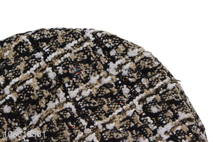 Good sale fashion sequin beret plaid polyester cap for women
