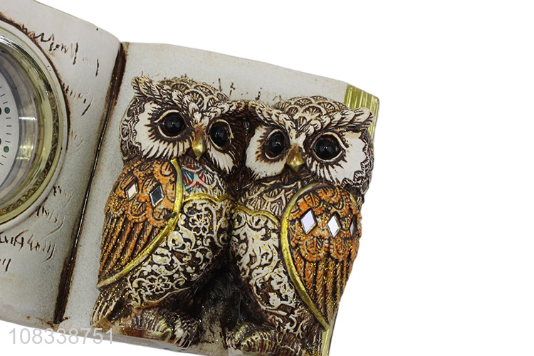 Custom Book Shape Resin Ornaments With Owl Figurine And Clock