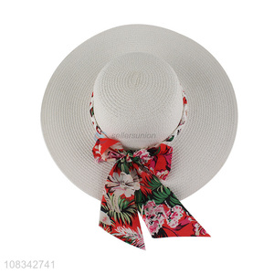 Wholesale Bow Ribbon Wide Brim Straw Hat Beach Sun Hat