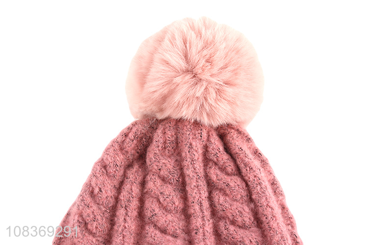 Popular product warm pink girls knitted hats with fuzz ball