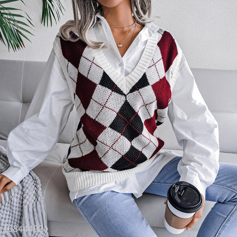 Wholesale autumn and winter V neck rhombus knitted vest for women girls