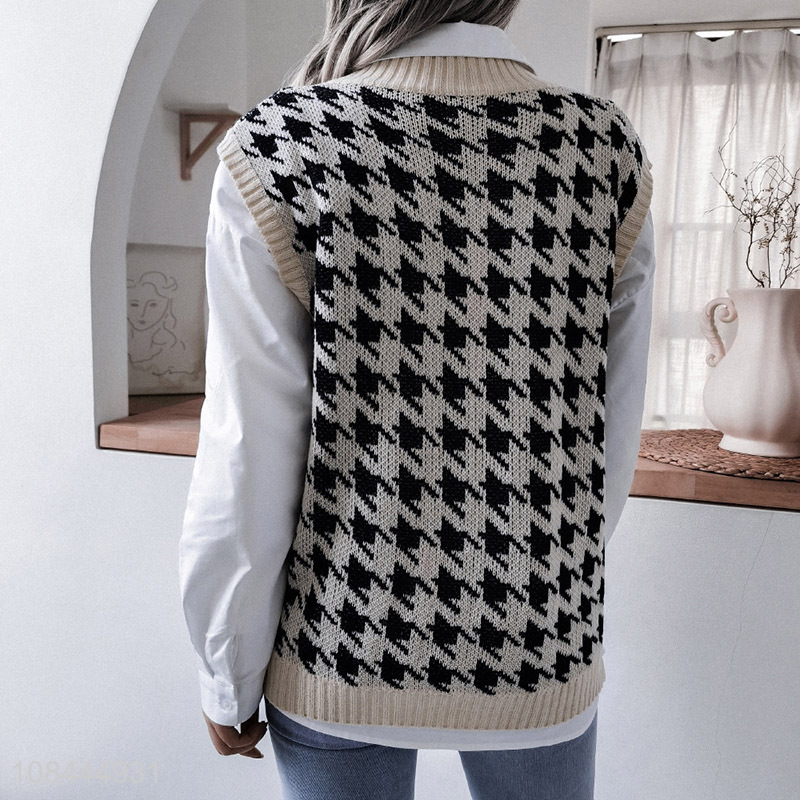 Hot sale women's winter vest houndstooth knitted sweater vest waistcoat