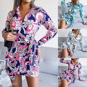 Popular product printed long sleeve chiffon bodycon dress slinky shirt dress