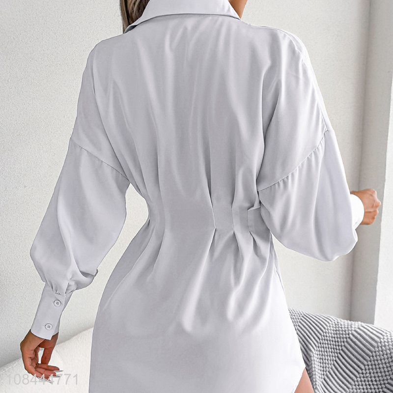 Good quality puff sleeve slinky chiffon shirt dress women casual clothing