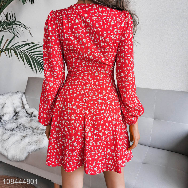 Recent design V neck long sleeve slinky chiffon dress women casual dress