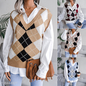 Wholesale autumn and winter V neck rhombus knitted vest for women girls